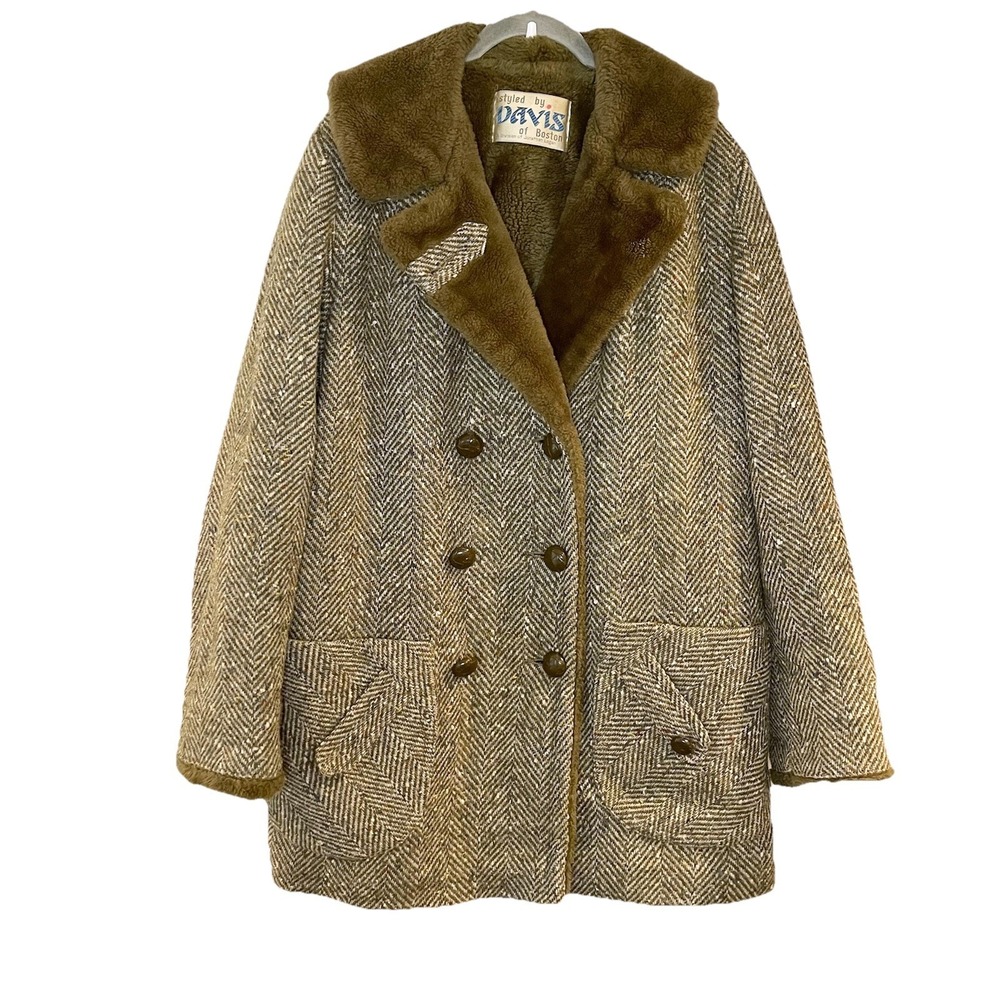 Vtg 60s 70s Styled By Davis of Boston Faux Fur Heavy Tweed Button Coat‎ Brown L